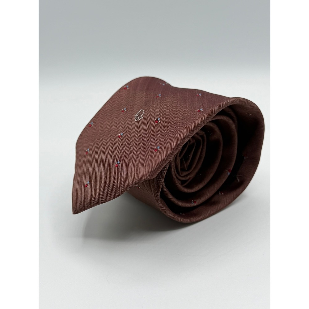 Christian Dior Mens Silk Blend Tie Burgundy Herringbone Micro Pattern Logo Italy